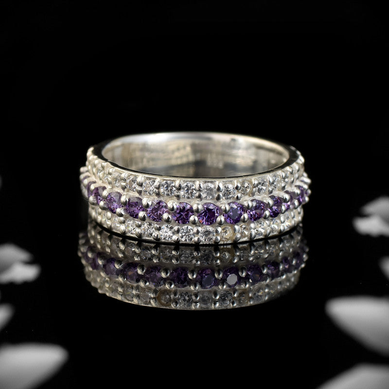 925 Sterling Silver Band Ring with 2x2MM Round Amethyst and White CZ Accents