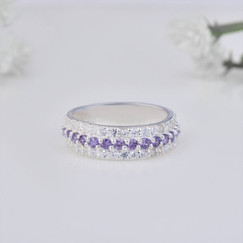 925 Sterling Silver Band Ring with 2x2MM Round Amethyst and White CZ Accents