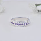 925 Sterling Silver Band Ring with 2x2MM Round Amethyst and White CZ Accents