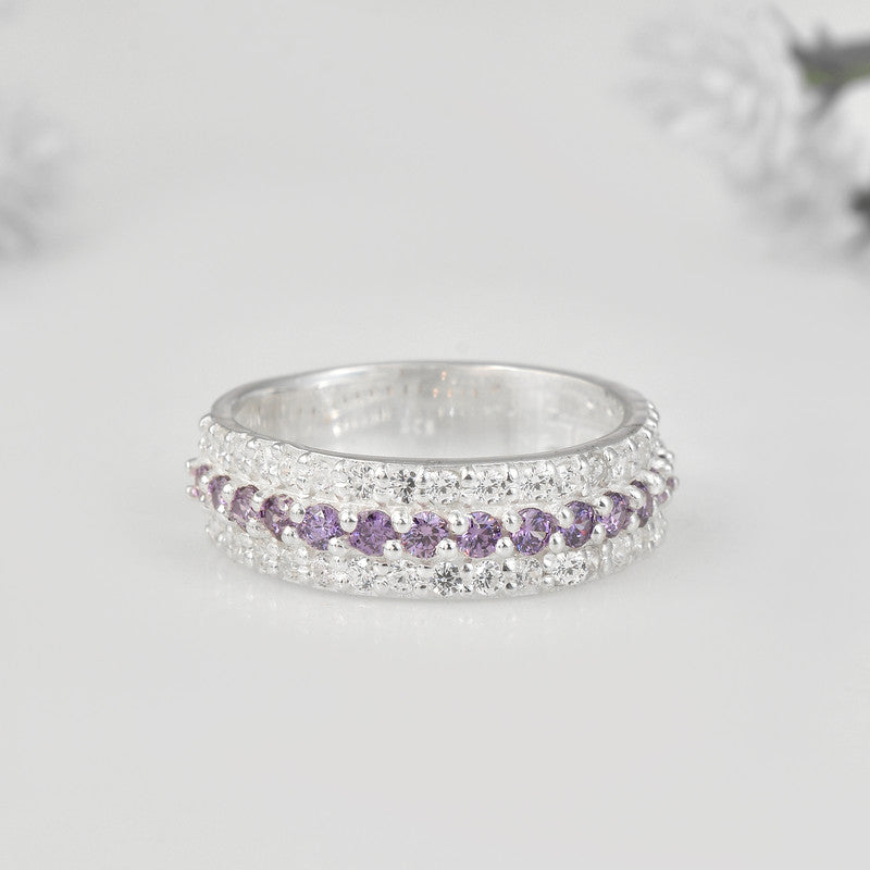 925 Sterling Silver Band Ring with 2x2MM Round Amethyst and White CZ Accents