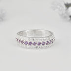 925 Sterling Silver Band Ring with 2x2MM Round Amethyst and White CZ Accents