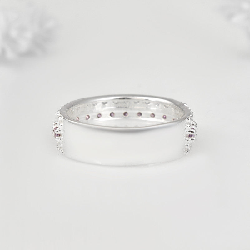 925 Sterling Silver Band Ring with 2x2MM Round Amethyst and White CZ Accents