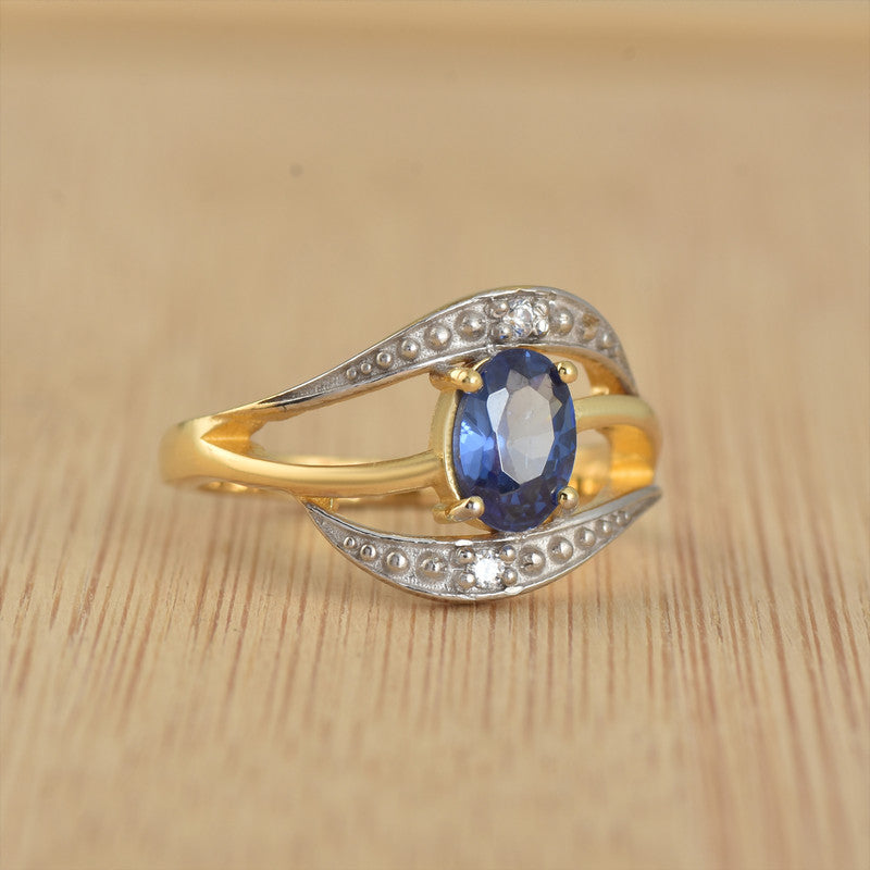 7x5MM Oval Lab-Created Tanzanite CZ Accents 925 Sterling Silver Yellow Plated Ring