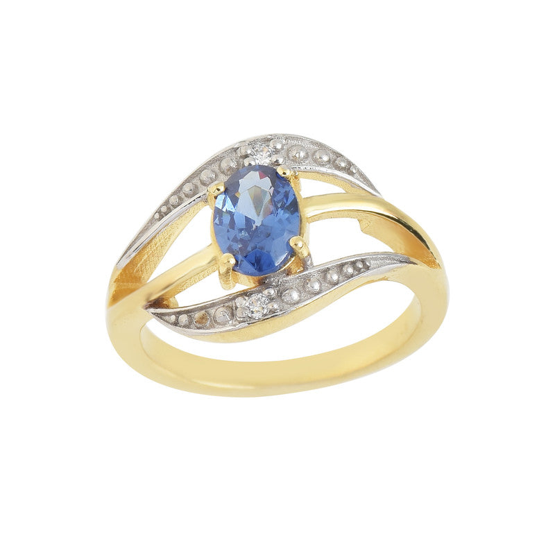 7x5MM Oval Lab-Created Tanzanite CZ Accents 925 Sterling Silver Yellow Plated Ring