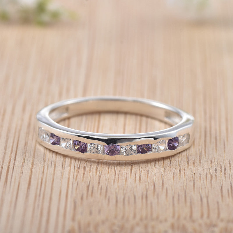 2x2MM Round Amethyst & White CZ Stones 925 Sterling Silver Eternity Band Ring
