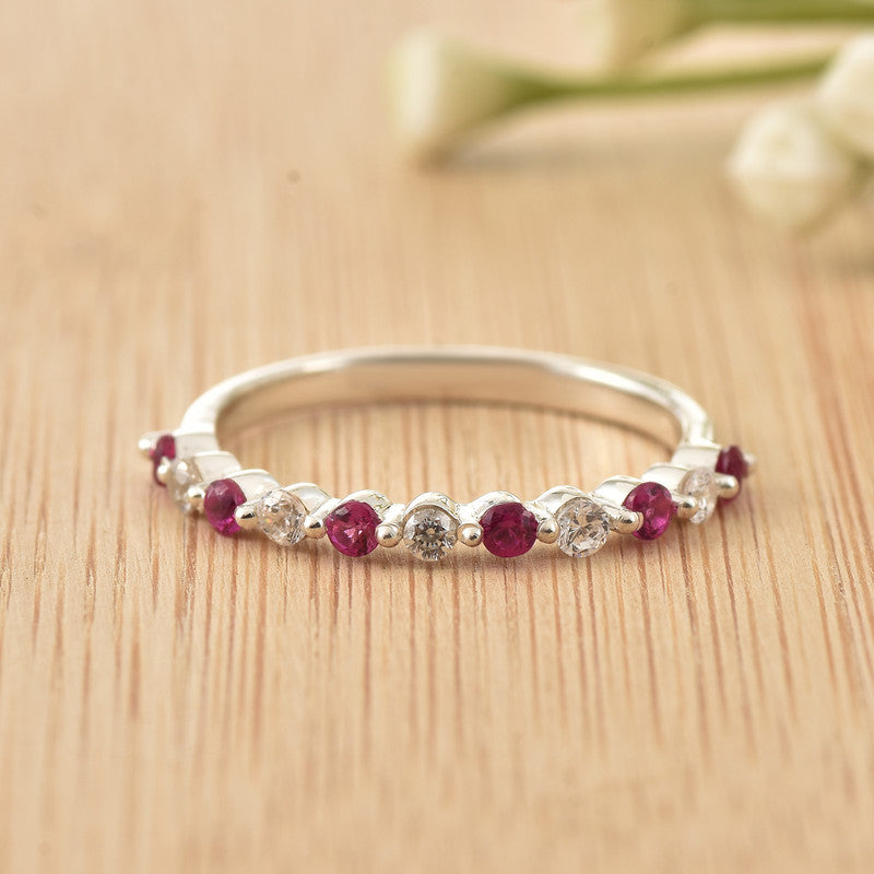 925 Sterling Silver 2x2MM Round Ruby & White Topaz Eternity Band Ring