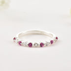 925 Sterling Silver 2x2MM Round Ruby & White Topaz Eternity Band Ring