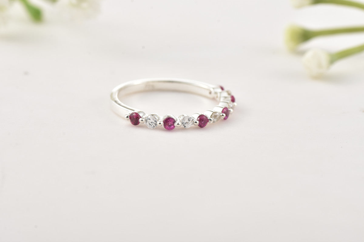 925 Sterling Silver 2x2MM Round Ruby & White Topaz Eternity Band Ring
