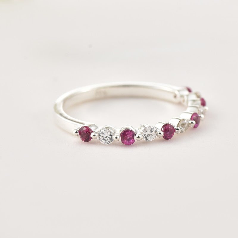 925 Sterling Silver 2x2MM Round Ruby & White Topaz Eternity Band Ring
