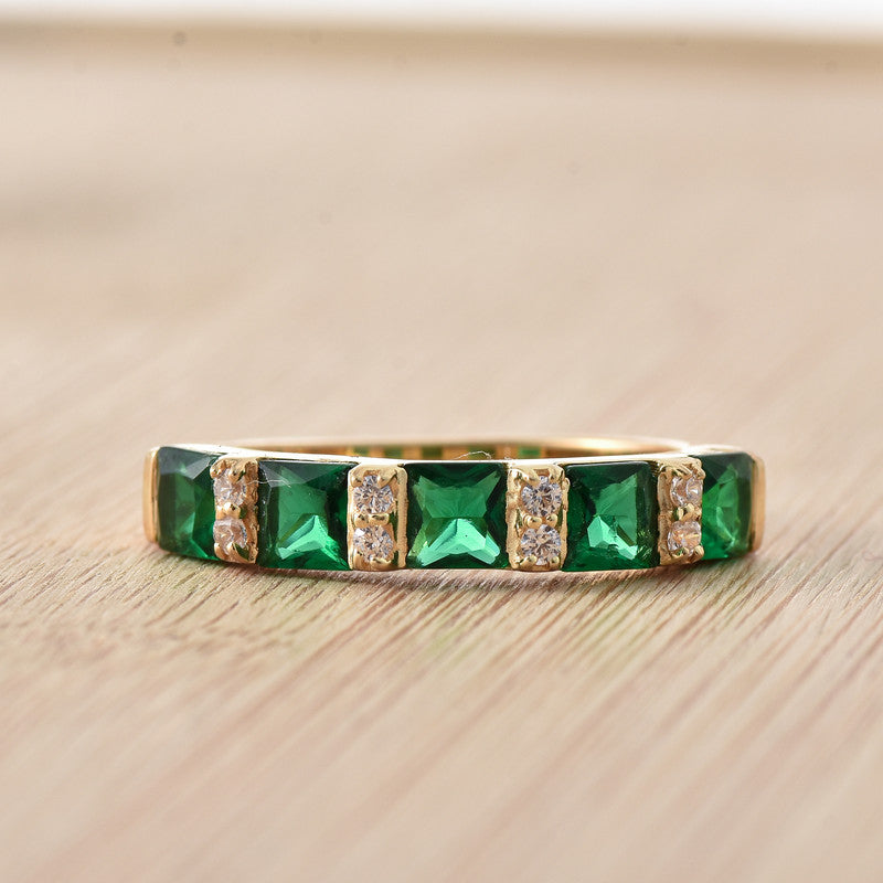 925 Sterling Silver Gold-Plated 4x4MM Square Cut Emerald & White Topaz Ring