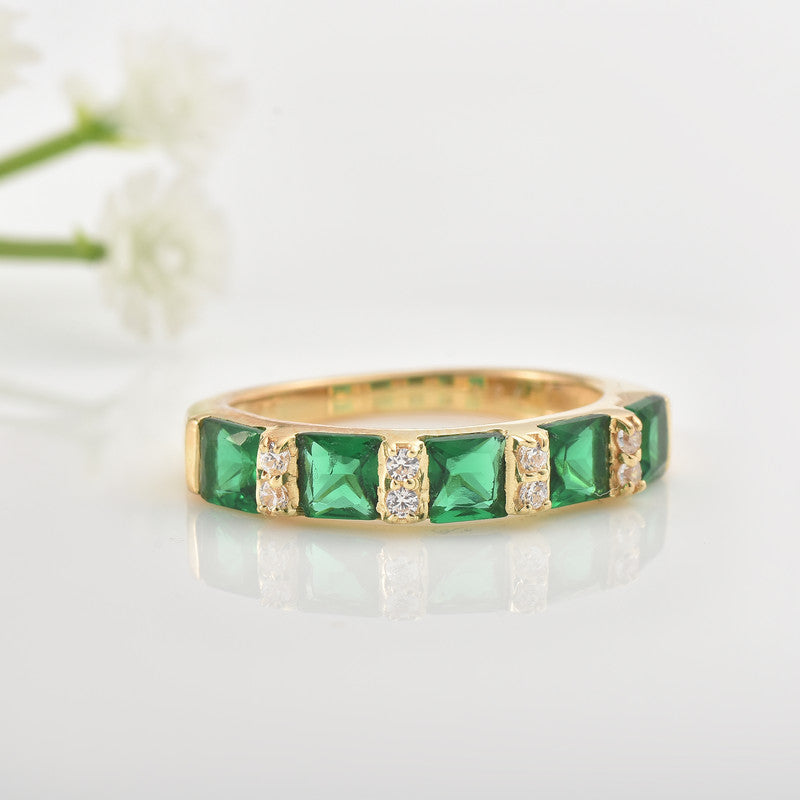 925 Sterling Silver Gold-Plated 4x4MM Square Cut Emerald & White Topaz Ring