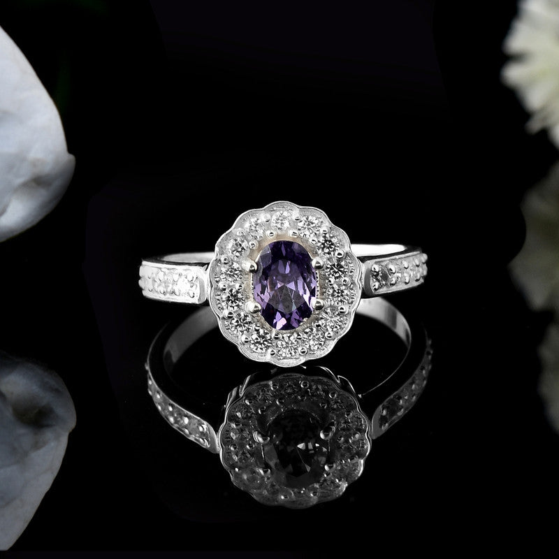 925 Sterling Silver 7x5MM Oval Amethyst with White Topaz Accents Halo Ring