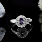 925 Sterling Silver 7x5MM Oval Amethyst with White Topaz Accents Halo Ring
