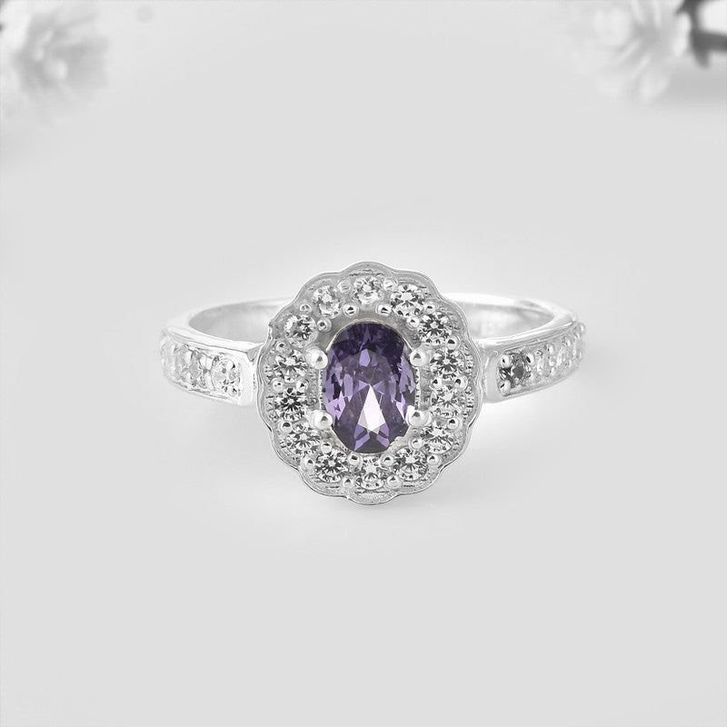 925 Sterling Silver 7x5MM Oval Amethyst with White Topaz Accents Halo Ring