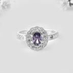 925 Sterling Silver 7x5MM Oval Amethyst with White Topaz Accents Halo Ring