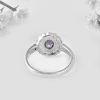 925 Sterling Silver 7x5MM Oval Amethyst with White Topaz Accents Halo Ring