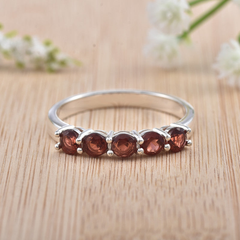 925 Sterling Silver 4x4MM Round Garnet Five Stone Eternity Band Ring