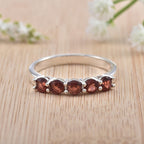 925 Sterling Silver 4x4MM Round Garnet Five Stone Eternity Band Ring