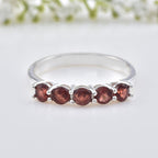 925 Sterling Silver 4x4MM Round Garnet Five Stone Eternity Band Ring