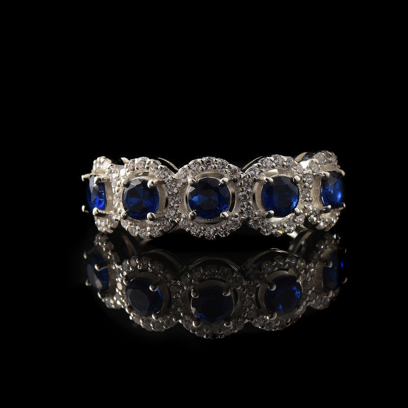 925 Sterling Silver 4x4MM Round Blue Sapphire Halo Band with CZ Accents Ring