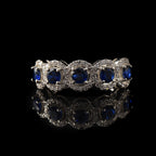 925 Sterling Silver 4x4MM Round Blue Sapphire Halo Band with CZ Accents Ring