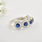 925 Sterling Silver 4x4MM Round Blue Sapphire Halo Band with CZ Accents Ring