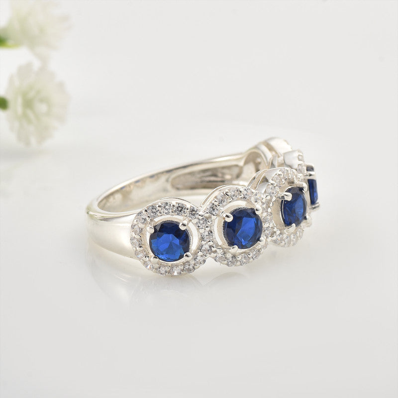 925 Sterling Silver 4x4MM Round Blue Sapphire Halo Band with CZ Accents Ring