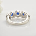 925 Sterling Silver 4x4MM Round Blue Sapphire Halo Band with CZ Accents Ring