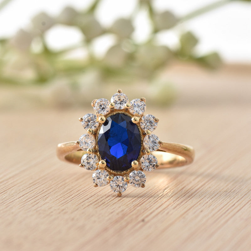 925 Sterling Silver 8x6MM Oval Blue Sapphire Halo with CZ Accents Ring