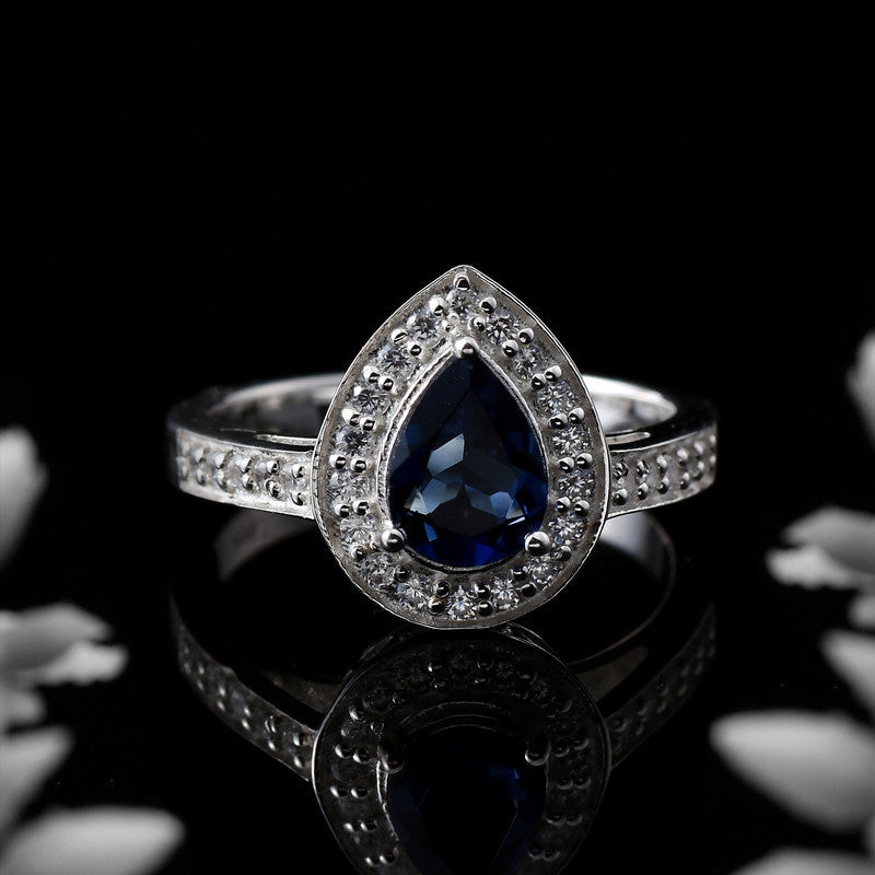 925 Sterling Silver 7x5MM Pear Blue Sapphire  Halo & CZ Accents Ring