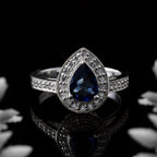 925 Sterling Silver 7x5MM Pear Blue Sapphire  Halo & CZ Accents Ring