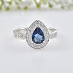 925 Sterling Silver 7x5MM Pear Blue Sapphire  Halo & CZ Accents Ring