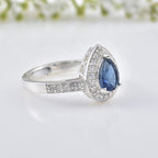 925 Sterling Silver 7x5MM Pear Blue Sapphire  Halo & CZ Accents Ring