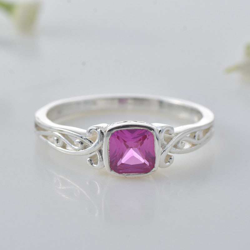 925 Sterling Silver Vintage Style 6x6MM Cushion Pink Topaz Solitaire Ring