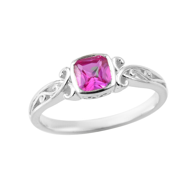 925 Sterling Silver Vintage Style 6x6MM Cushion Pink Topaz Solitaire Ring