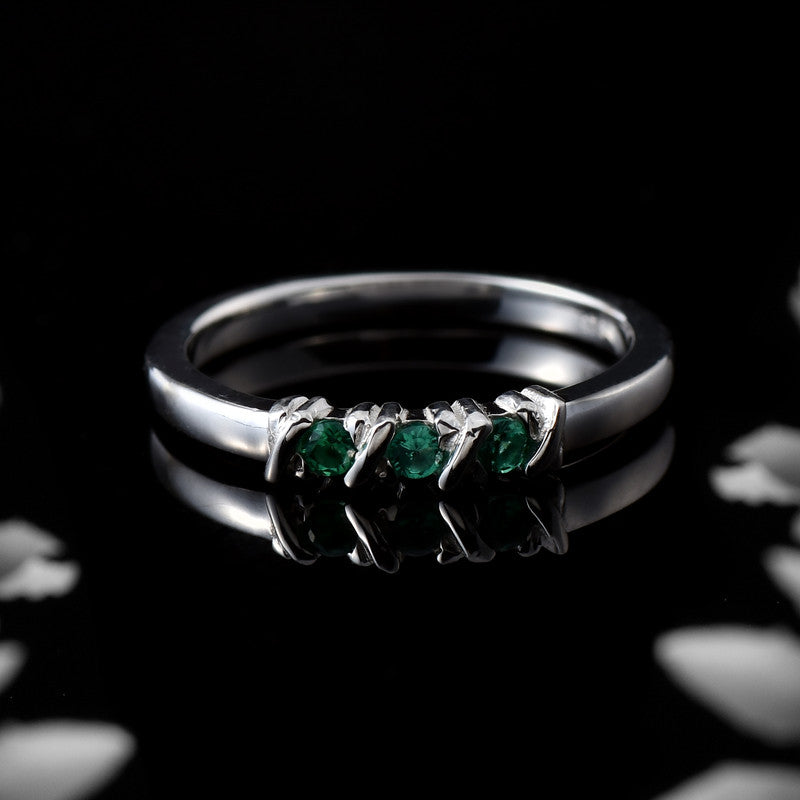 925 Sterling Silver with 2x2MM Round Chrome Diopside Three Stone Ring