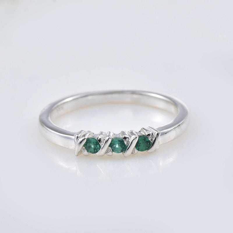 925 Sterling Silver with 2x2MM Round Chrome Diopside Three Stone Ring