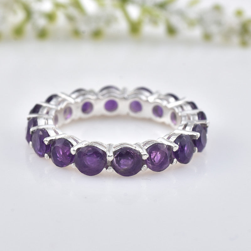 925 Sterling Silver Eternity Band 4x4MM Round Amethyst Ring