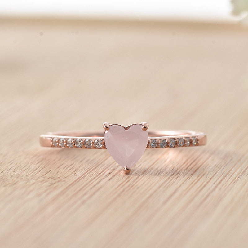 6x6mm Heart Rose Quartz Ring with Cubic Zirconia Accents Ring 925 Sterling Silver