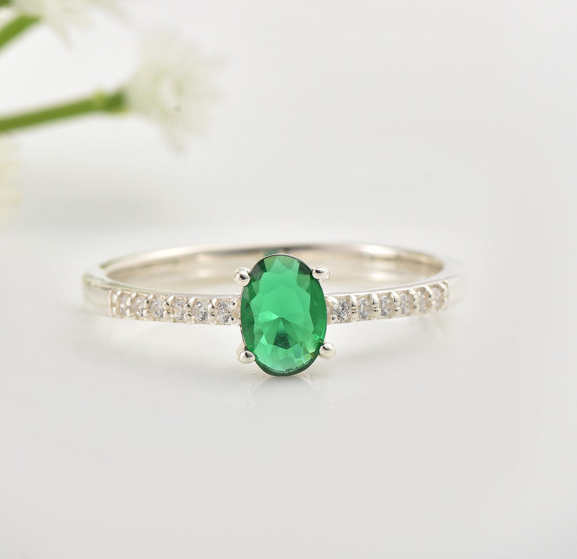 5x3mm Oval Emerald Ring with Cubic Zirconia Accents 925 Sterling Silver
