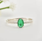 5x3mm Oval Emerald Ring with Cubic Zirconia Accents 925 Sterling Silver