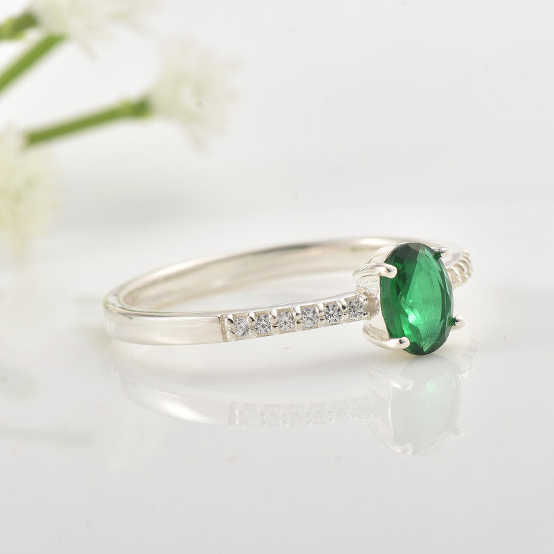 5x3mm Oval Emerald Ring with Cubic Zirconia Accents 925 Sterling Silver