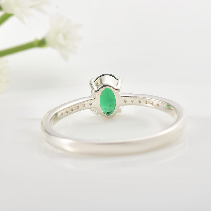 5x3mm Oval Emerald Ring with Cubic Zirconia Accents 925 Sterling Silver