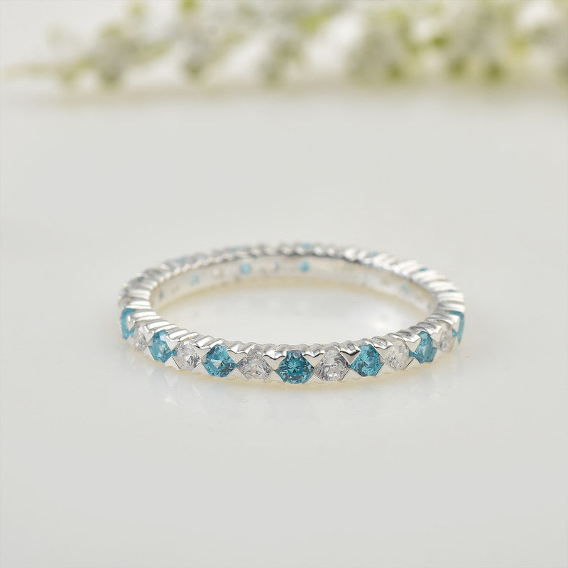 2x2mm Round Aquamarine & White CZ Eternity Band 925 Sterling Silver Ring