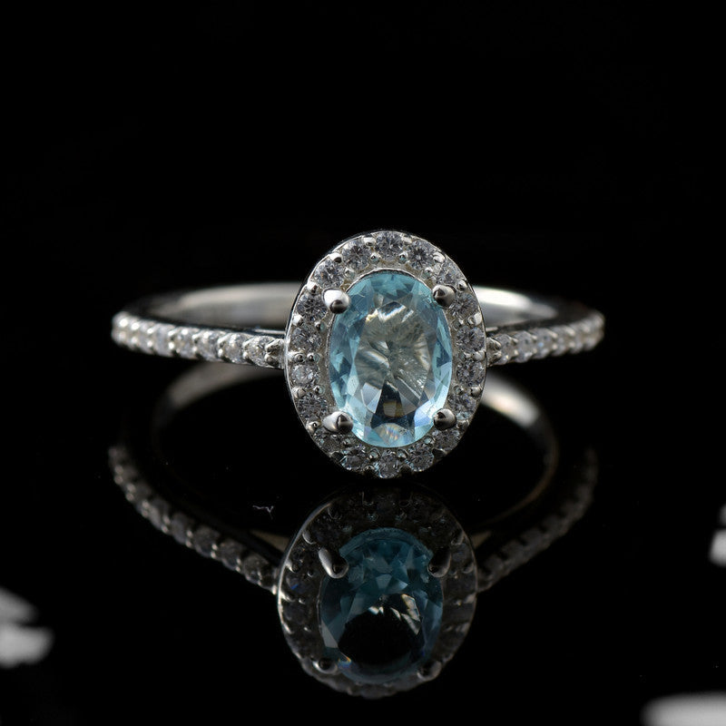 7x5mm Oval Aquamarine Halo Ring with CZ Accents 925 Sterling Silver