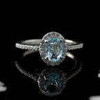 7x5mm Oval Aquamarine Halo Ring with CZ Accents 925 Sterling Silver