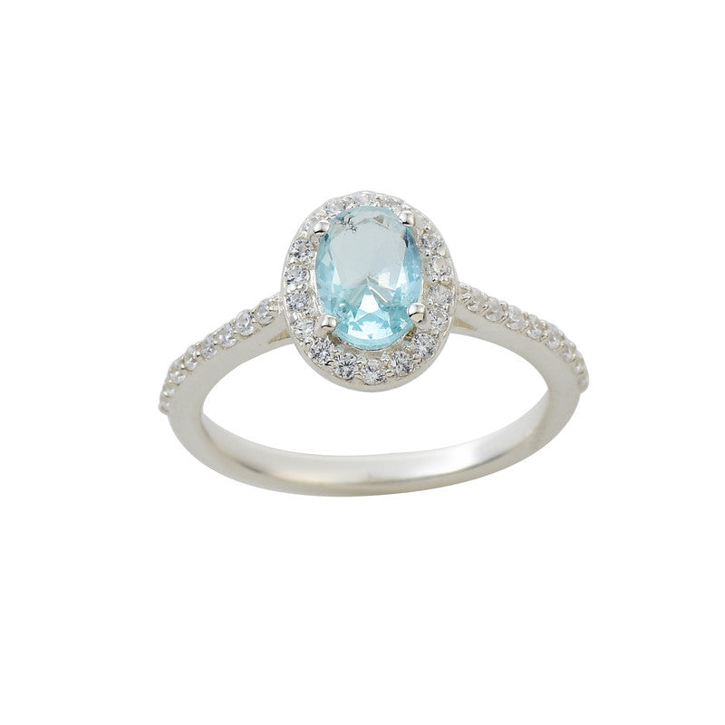 7x5mm Oval Aquamarine Halo Ring with CZ Accents 925 Sterling Silver
