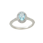 7x5mm Oval Aquamarine Halo Ring with CZ Accents 925 Sterling Silver