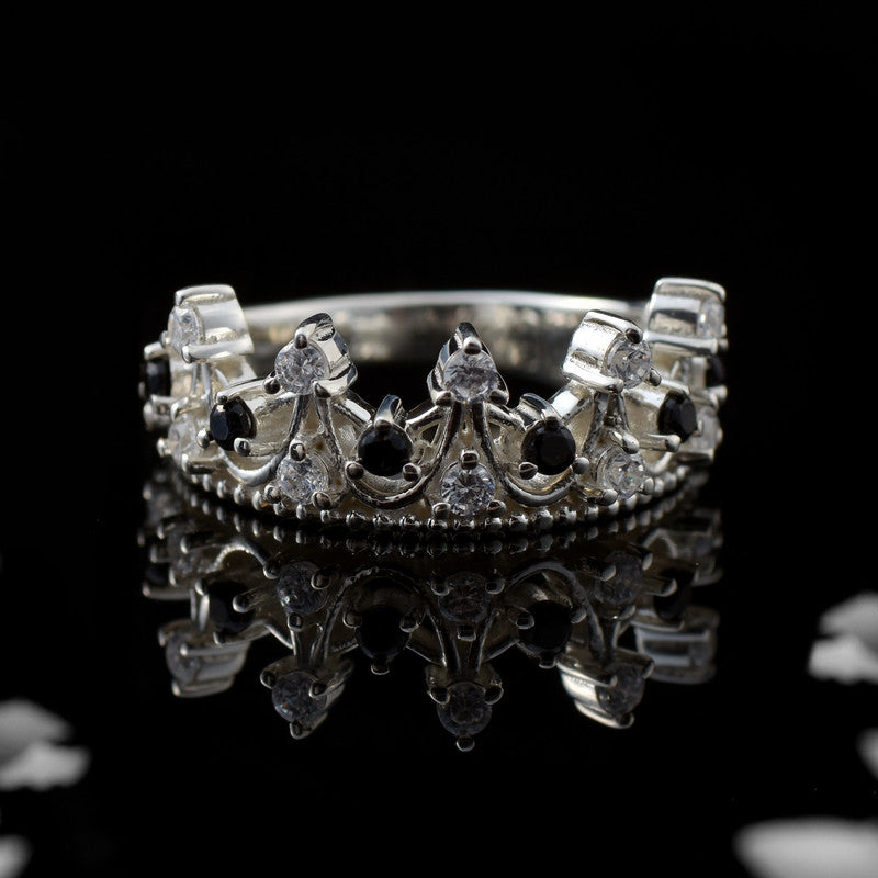 925 Sterling Silver Crown Ring with 2x2mm Round Black Spinel & CZ Accents