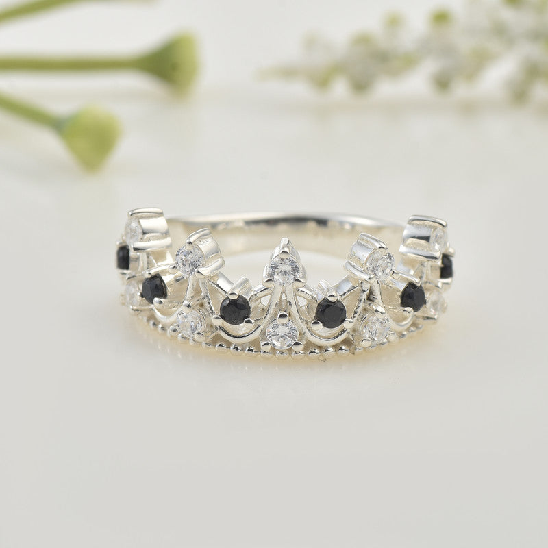 925 Sterling Silver Crown Ring with 2x2mm Round Black Spinel & CZ Accents